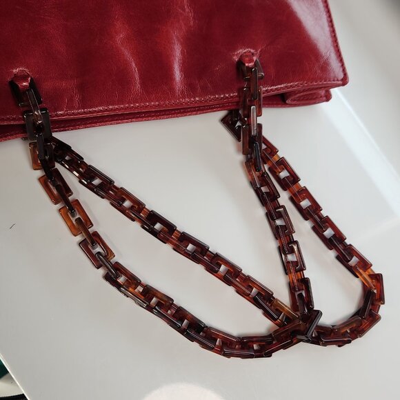 Vintage Prada Mini Tote Bag Shiny Deep Red Leather with Brown Lucite Handles - Picture 4 of 13